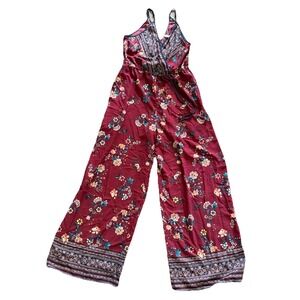 Xhilaration Burgundy Floral Boho Jumpsuit Wide Leg Strappy Romper M